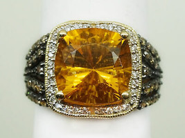 LeVian Citrine Cushion &amp; Chocolate Vanilla Diamond Ring 14k Gold Size 6.75 - £879.12 GBP