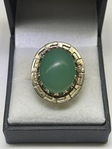 Art Deco Style (ca. 1945) 14K Yellow Gold Nephrite Ring Greek Key Bezel (5 5/8) - £589.26 GBP