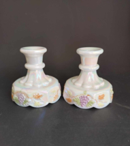 Vintage Set Westmoreland Iridescent Milk Glass Candle Holders Hand Painted Grape - £13.89 GBP