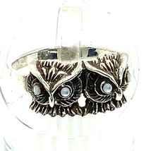 Vintage Sterling Silver Signed 925 Carved Two Couple Owl Moonstone Eye Ring sz 8 - £31.34 GBP