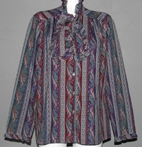 VTG Lucky Mer Paisley Stripes Ruffled Collar Cuffs Attached Ties Blouse Wm&#39;s 40 - £20.29 GBP