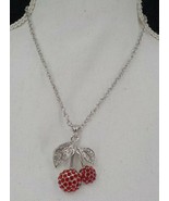 SILVER COLOR CHAIN NECKLACE WITH RED CHERRY CHARM PENDANT GLITZ FASHION ... - £7.83 GBP