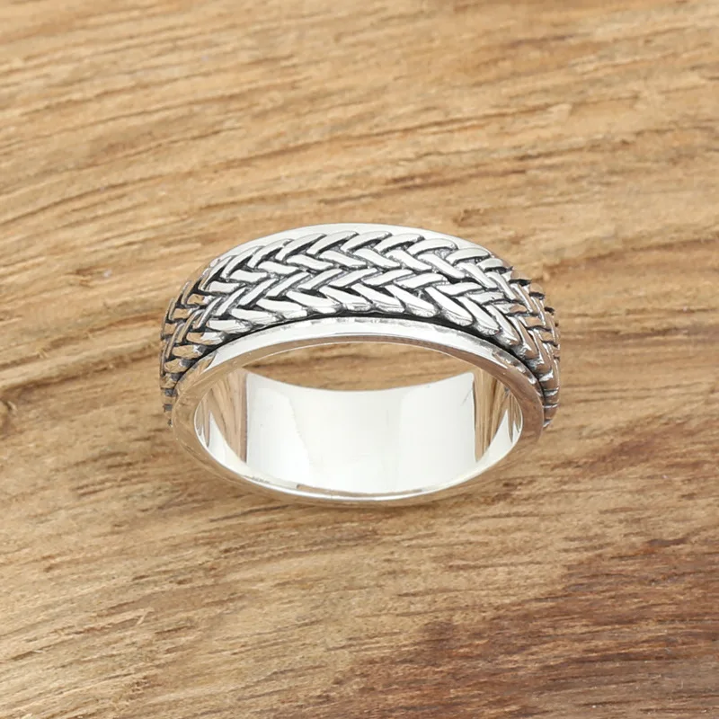 Rotatable 925 Sterling Silver Rings for Men Tibetan Silver Rope Spinner Man Ring - £28.17 GBP