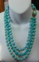 Vintage Triple Strand Ocean Blue Carved Plastic Bead Necklace - £36.60 GBP