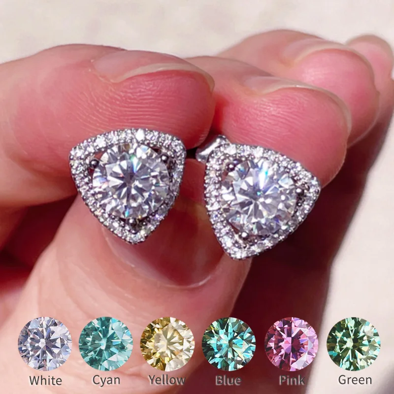 100% Real Moissanite Earrings Triangle Design Diamond Studs Earrings Blue Green  - £87.94 GBP