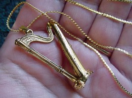 (M206-C) Harp Pendant Necklace Lyon &amp; Healy Jewelry 24k Goldplt Love Harps Music - £19.26 GBP