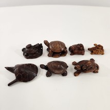 Hand Carved Wood Turtle Figurines Lot Baby Turtles Coins Dragon Chinese New Year - £38.65 GBP