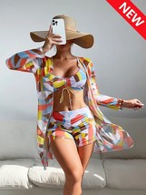 Tropical Allover Print Bikini 3pack Drawstring Ruched Cover Up Women Swimsuit 20 - £89.31 GBP