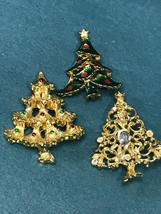 Vintage Lot of 3 Small Goldtone w Red &amp; Green Enamel or Aurora Borealis Rhinesto - $20.42