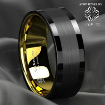 8mm Black Tungsten Carbide Ring Brushed Wedding Band Gold ATOP mens jewelry   - £28.13 GBP