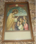 Jesus Offering Communion to Young Girls Antique Framed Chromolithograph - $75.22 CAD