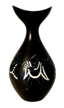 Black Ceramic Vase Carved Sgraffito White Greek/Roman Figures 7&quot;H 3&quot;W HAIRLINE - £7.09 GBP