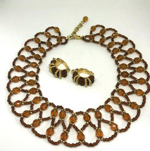 Vintage Hand Beaded Collar Necklace and Clip Earrings, Amber/Gold - $14.24