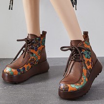Genuine Leather Women Boots Retro Shoes New Autumn Winter Print Round Toe Lace-u - £85.58 GBP
