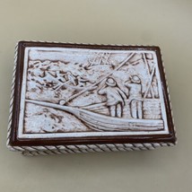 Vintage Smoking Tobacco Box Nautical Scene Fishermen Ceramic Rope Edge READ - £13.18 GBP