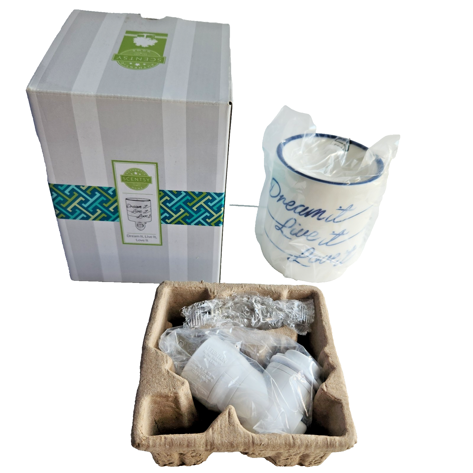 Scentsy Plug-in Mini Wax Warmer White Blue Dream It Live It Love It Insp... - $15.21