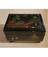 Vintage A&amp;C Hand Painted Black Lacquer Musical Jewelry Box Mother of Pea... - $50.91 CAD