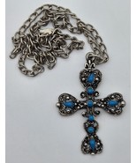 Ornate Filigree Cross Pendant Necklace 1980s Southwest Faux Turquoise Vi... - €11,98 EUR