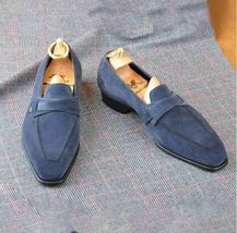 Handmade blue suede leather dress shoes, men leather dress moccasin, shoes - $159.99
