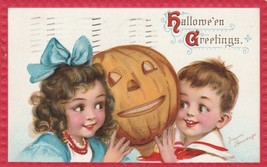 Postcard Halloween Greetings Children With Jack O Lantern  Frances Brundage - £35.24 GBP