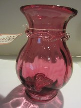 Pilgrim Glass Cranberry Bud Vase Hand Blown Applied Ribbon - $18.95