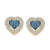 14K Gelb Vergoldet 1/2 Karat Blau &amp; Weiss Künstlicher Diamant Herz Ohrstecker - £61.87 GBP