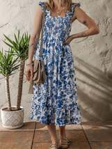 Floral Ruffle Strap Square Neck Smocked Bodice Midi Dress - $1,099.71 MXN