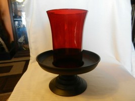 Red Glass &amp; Black Metal Stand for Pillar Candle 10.75&quot; Tall x 9&quot; diameter - £42.68 GBP