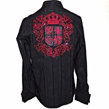 Mondo Black Pinstripe Heraldic Crest Shield Applique Embroidered Western Shirt L - £71.16 GBP