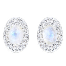 Glittering Elegance Oval Rainbow Moonstone CZ Sterling Silver Stud Earrings - £12.02 GBP