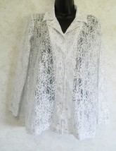 Salon Studio White Silver Floral Solid Lace Sheer Ladies Blouse Top Size Medium - £13.05 GBP