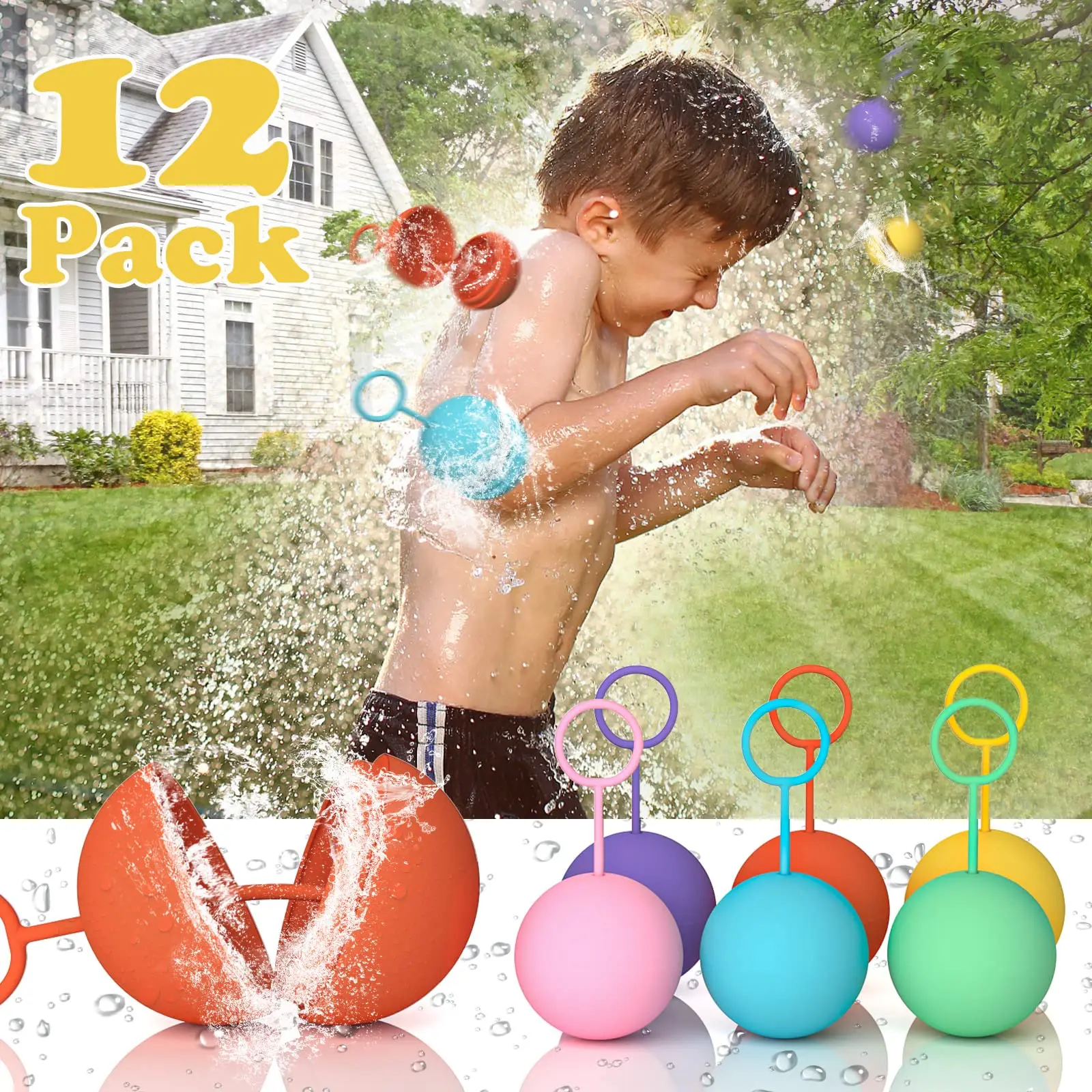 12 Pack Water Balloons for Kids, Reusable Quick-fill Water Balls Outdoor To - $26.44