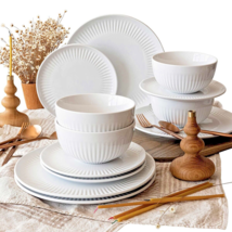 Dinnerware Sets Dinner Plates And Bowls Set Porcelain White Dishes Modern 12 Pc - £41.32 GBP