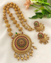 Bollywood Style Matt Gold Plated Necklace Earrings Indian Pendent Jewelry Set - £22.53 GBP