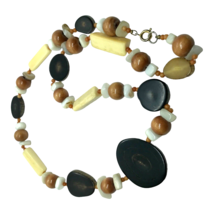 Vintage Necklace Boho Wood Shell Natural Earth tones Beaded Brown coconut girl - £13.13 GBP
