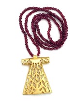 Ruby Red Glass Bead Brushed Gold Tone Dress Pendant BOHO Necklace - £17.13 GBP