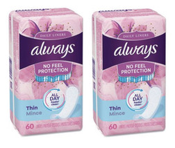 2Pk Always Fresh Incredibly Thin Daily Liners, Clean Scent - Freshn&#39; Clean 120ct - £12.98 GBP