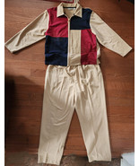 Vintage BLAST TAN Red &amp; Blue Bloc PANTS SUIT SHIRT M , LG STRTCH  WAIST ... - £30.96 GBP