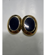 Gold Tone Navy Blue Oval Pierced Earrings Vintage - $13.42