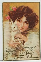 Best Easter Wishes Woman White Coat with Rabbit Embossed Postcard I13 - £3.94 GBP