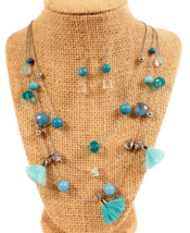 3 Strand Blue Illusion Necklace with Matching earrings Resort Wear Marked CC - £9.11 GBP