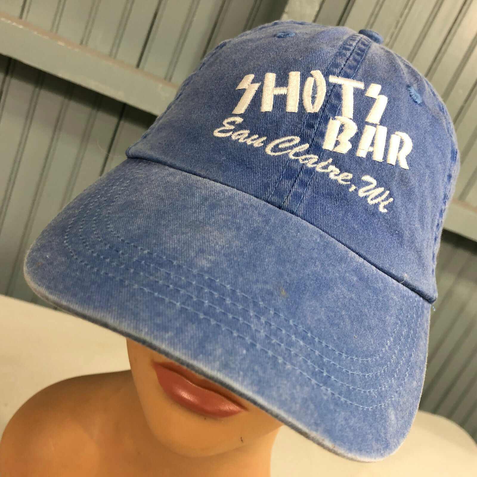 Shots Bar Eau Claire WIsconsin CLOSED Blue Strapback Baseball Hat Cap  - £13.09 GBP