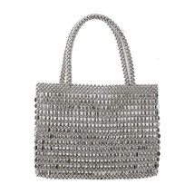 Vintage Handmade Ladies Handbag Weave Beaded Fashion Silver Color Shining Sequin - £42.32 GBP