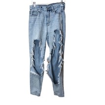American Eagle Mom Jeans Size 0 Ripped Distressed Holes Light Wash 26&quot; x 27&quot; - £13.92 GBP