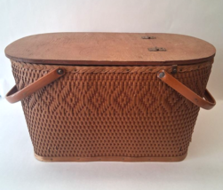 Vintage Redmon Woven Wicker Hinged Wood Top Picnic Basket - Made in USA ... - $69.29