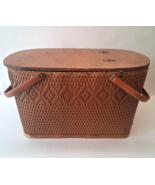 Vintage Redmon Woven Wicker Hinged Wood Top Picnic Basket - Made in USA ... - $69.29