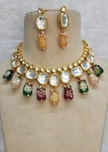 Hand Painted Kundan Necklace Earrings Jewelry Bridal Heavy Meena Traditonal Set - £30.99 GBP
