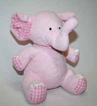 Pink Gingham Elephant 7&quot; Plush Soft Texture Toy Baby Rattle Squeaker Nose - £9.12 GBP