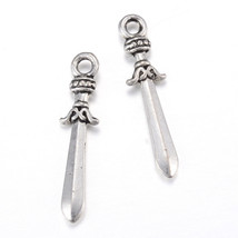 Sword Charms Antiqued Silver Knight Pendants Medieval Jewelry Supplies 23mm 20pc - £5.12 GBP