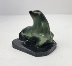 Hand Carved Seal Sea Lion Green Jade Figurine Sculpture On Black Base 2.75&quot; - $39.97